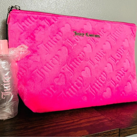 Juicy Couture Handbags - Juicy Couture Pink Velour Travel Cosmetic Bag Heart Embossed NWT